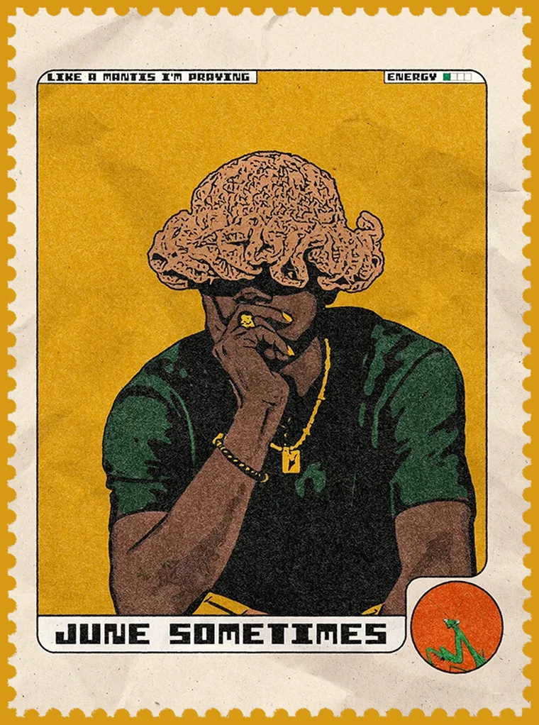 Postage stamp portrait of June Sometimes reading &ldquo;Like a mantis I&rsquo;m praying&rdquo;