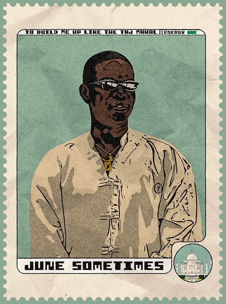 Postage stamp portrait of June Sometimes reading &ldquo;To build me up like the Taj Mahal&rdquo;
