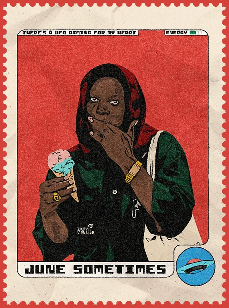 Postage stamp portrait of June Sometimes reading &ldquo;There&rsquo;s a UFO aiming for my heart&rdquo;