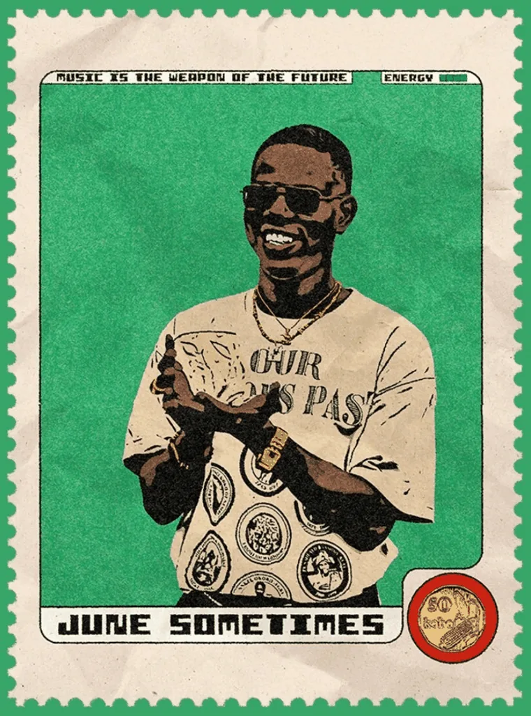 Postage stamp portrait of June Sometimes reading &ldquo;Music is the weapon of the future&rdquo;